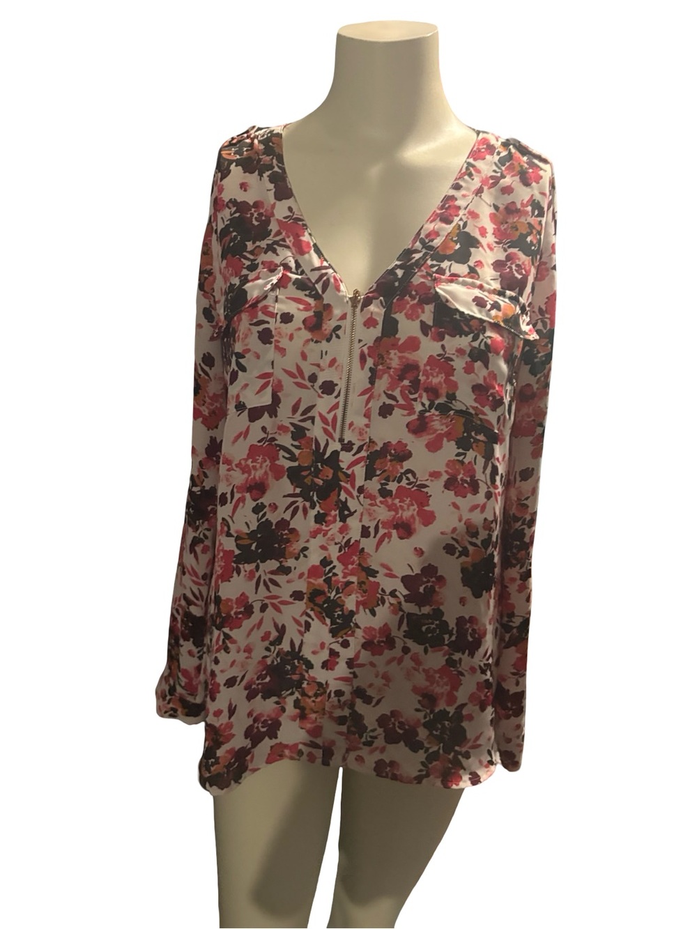 Candie's Pink Floral Zip-Front V-Neck Blouse